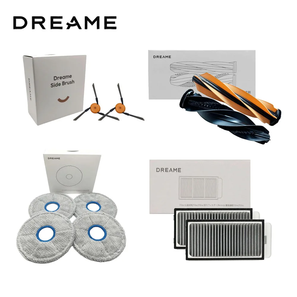 Originele Dreame L60 Pro Ultra stofzuigeraccessoires: hoofdborstel, zijborstel, HEPA-filter, dweilpads, stofzak, optionele reserveonderdelen.