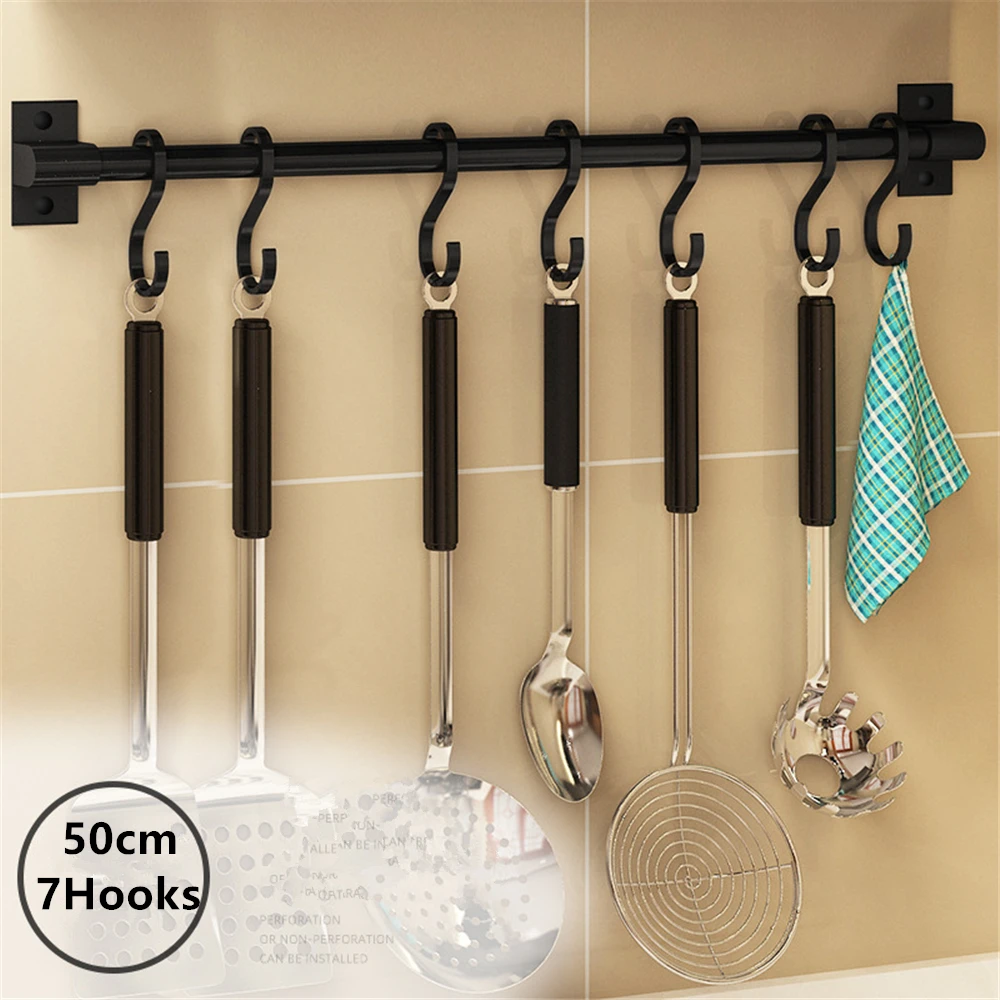 Kitchen Wall Hook Organizer Punch-free Black Hanging Rod with Movable Hooks Cooking Tools Storage Rack for Spatula Spoon Lid