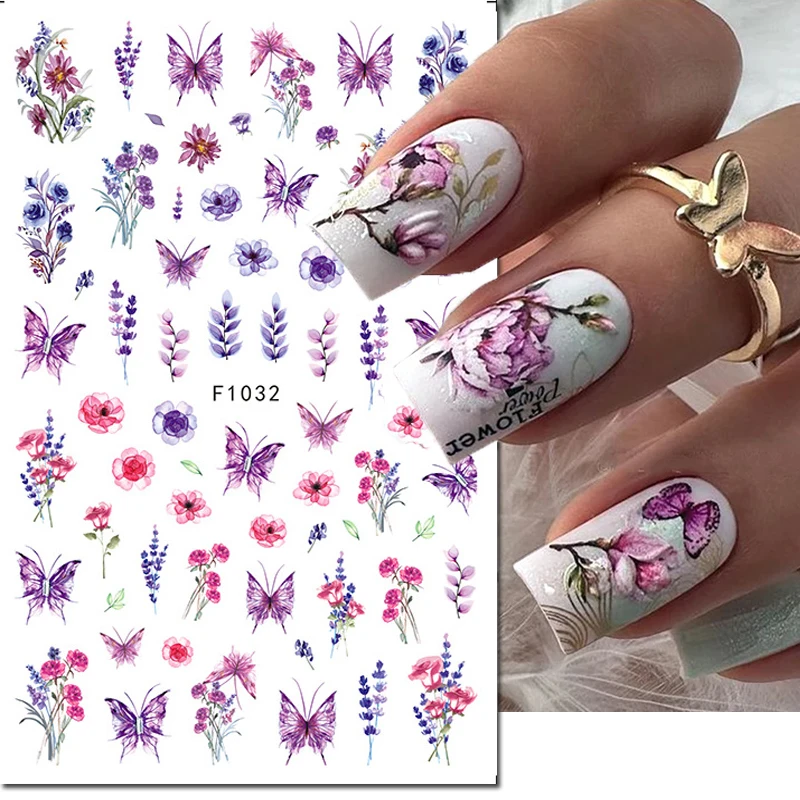 3d Nail Art Stickers Watercolor Purple Florals Lavenders Flowers Adhesive Sliders Decals For Nails Tips Decorations Manicures