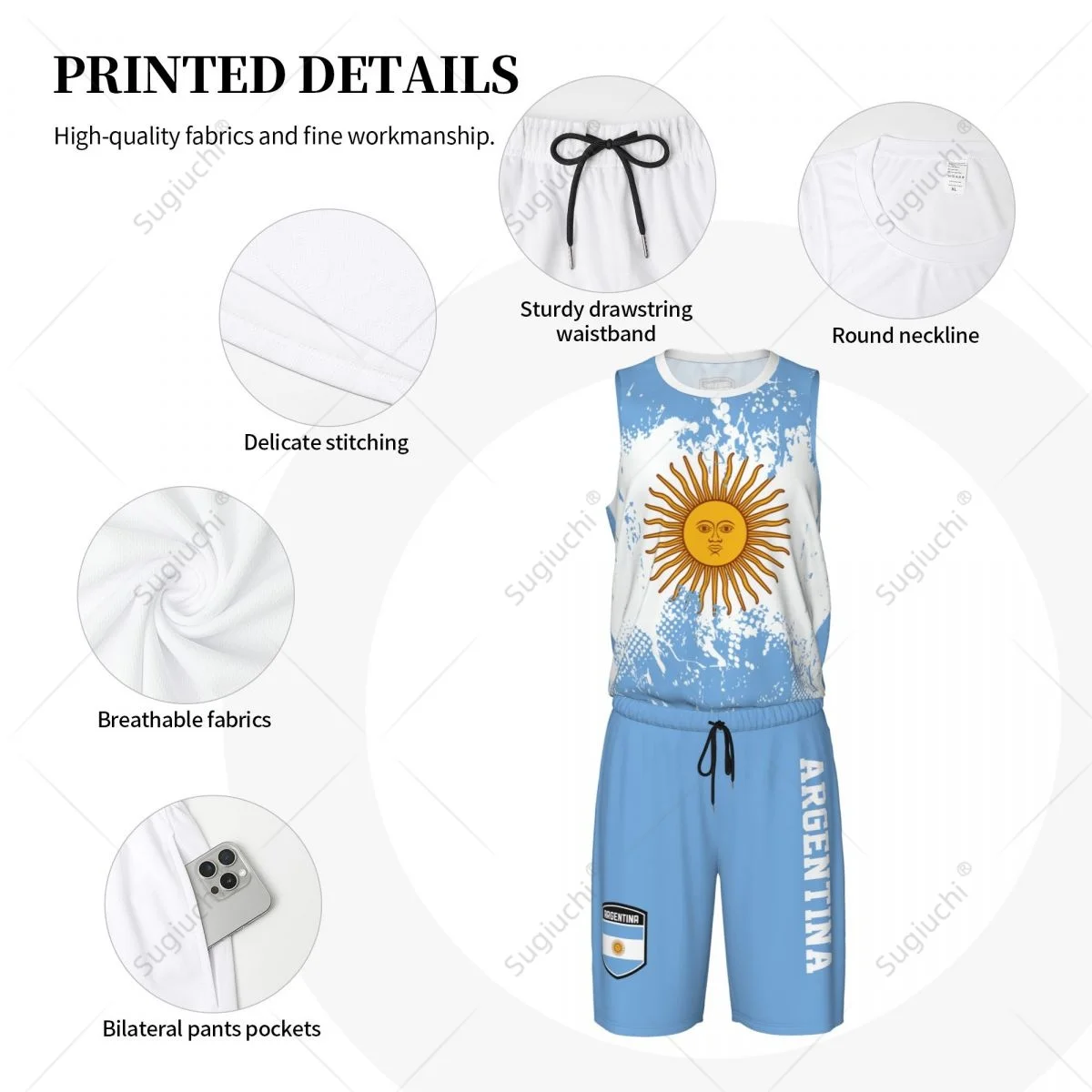 Team-up Argentina Flag Grain Men Basketball Jersey Set Shirt & Pants Sleeveless Custom Name Nunber Exclusive