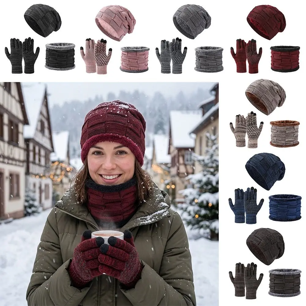 3Pcs/Set Warm Winter Hat Scarf Gloves Set Lining Thicken Knit Beanie Snood Set Windproof Soft Scarf Neck Warmer Suit