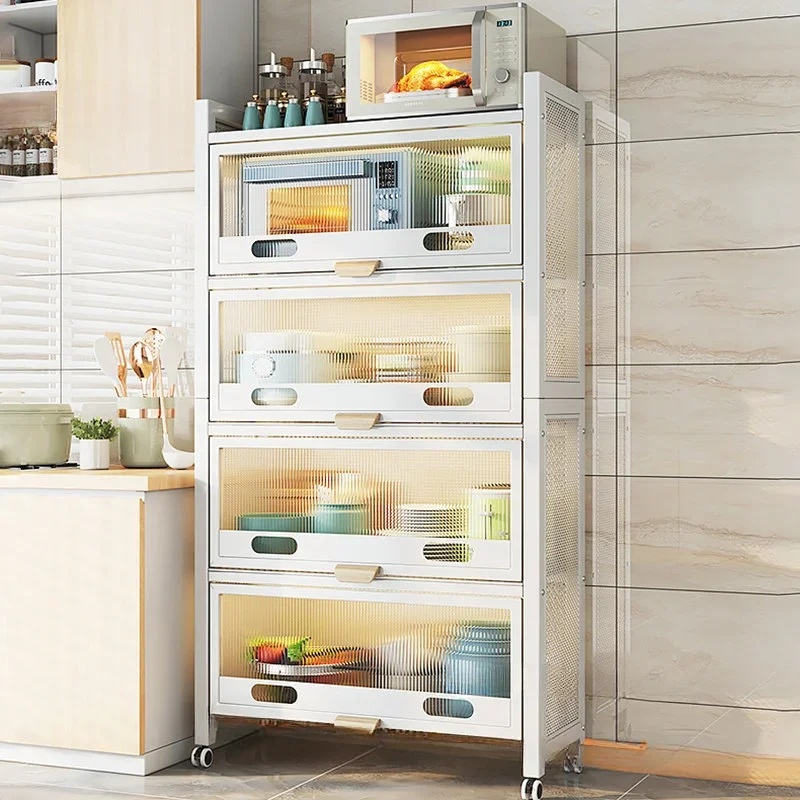 

Carbon Steel Kitchen Cabinets Household Floor Racks Tableware Cabinets Multi-layer Microwave Storage Cabinets with Acrylic Doors