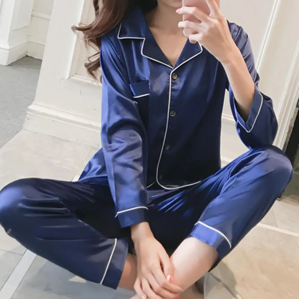 Women's Pajama Imitation Silk Satin Comfortable Long Sleeve Nighty Suit Pajama Lounge Pant Women Sleepwear Winter Nightclothes