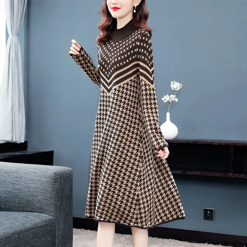 Autumn Winter Round Neck Long Sleeve Fashion Midi Dress Women High Street Printing Knitting Dresses Elegant All-match Vestidos