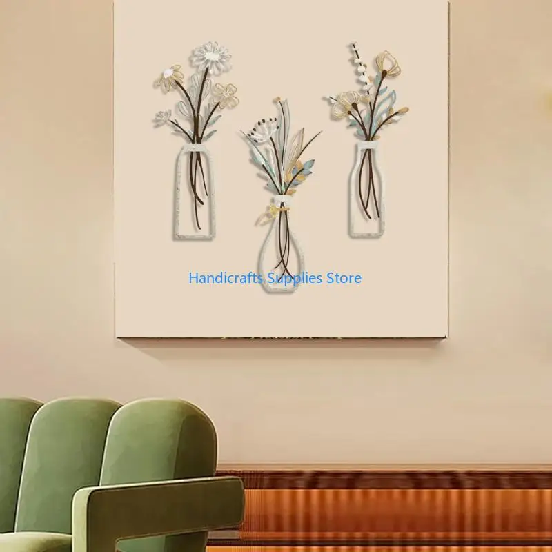 R1WA Modern 3Piece Floral Line Metal Wall Art Flower Vases Sculptures Ornaments for Bedroom Living Room Hotel Wall Decoration