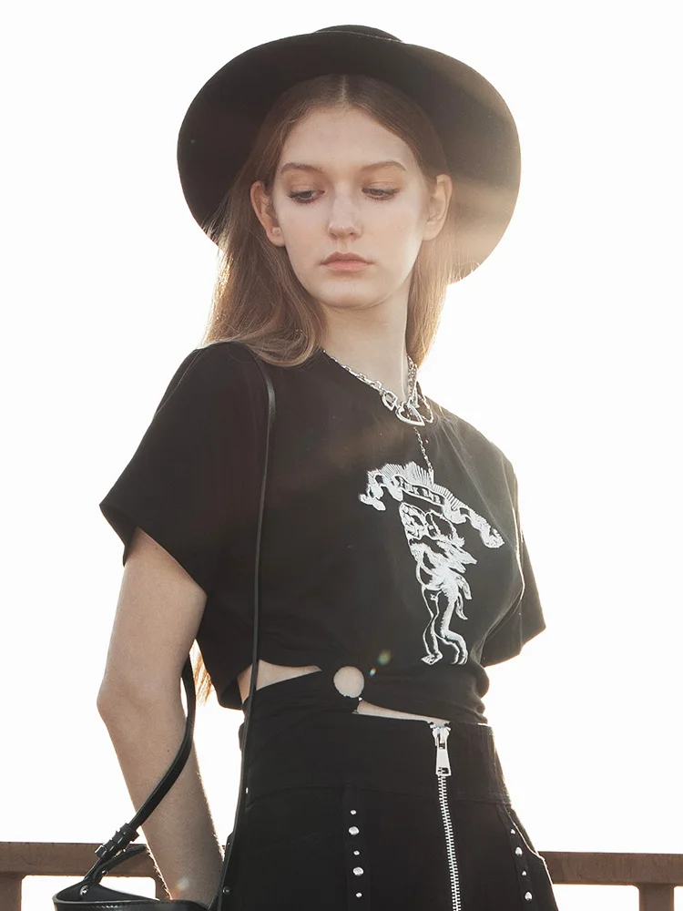 High Waist Black Short Sleeve T-Shirt Women's Summer Design Sense Short Length Belly Bearing Loose Waist Punk Style Top
