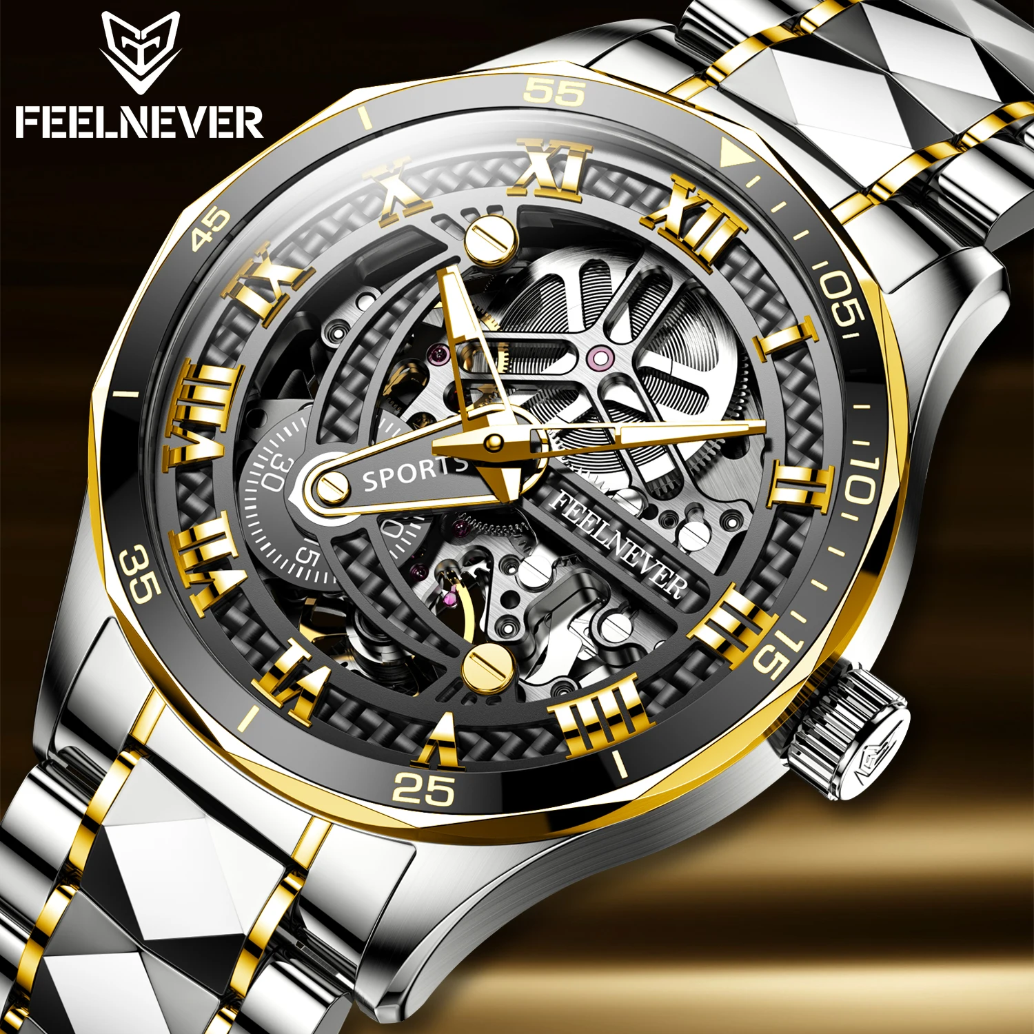 FeelNever Hollow Automatic Mechanical Watch For Men Skeleton Flywheel Sport Men\'s Watches 316Stainless Steel Original Hand Clock