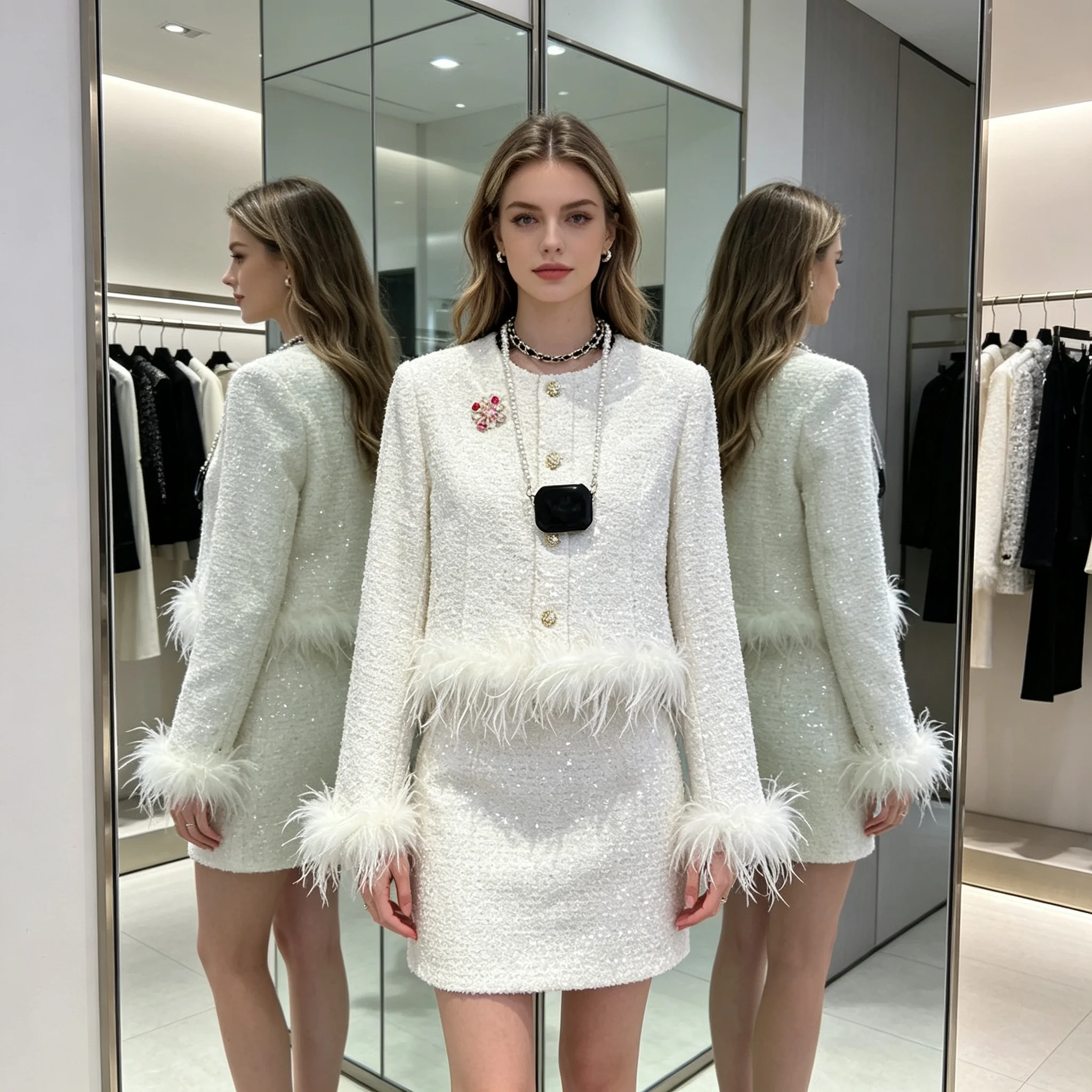 White Sequin Tweed 2 Piece Outfit Ostrich Feather Trim Cropped Jacket Midi Skirt Women Elegant Party Suit view 4