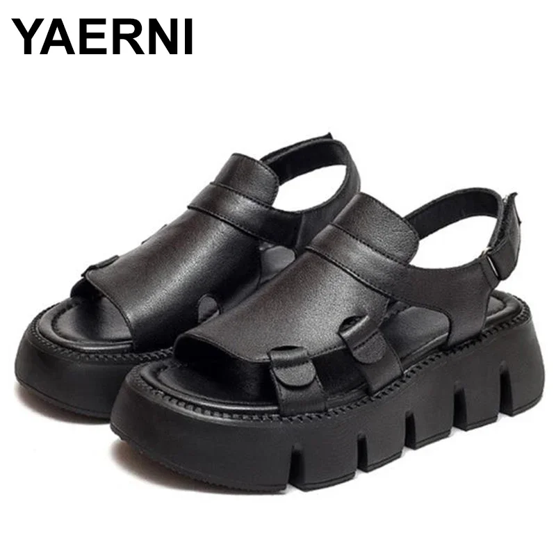 

Handmade Genuine Leather Sandals Women Thick Soled Hook & Loop Wedges Platform Casual Sandals Summer Shoes