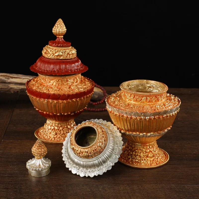 Rice Box Nepal Handmade Pure Copper Gilded Three Layer Rice Pot Rice Jar Household Worship Ornament Container