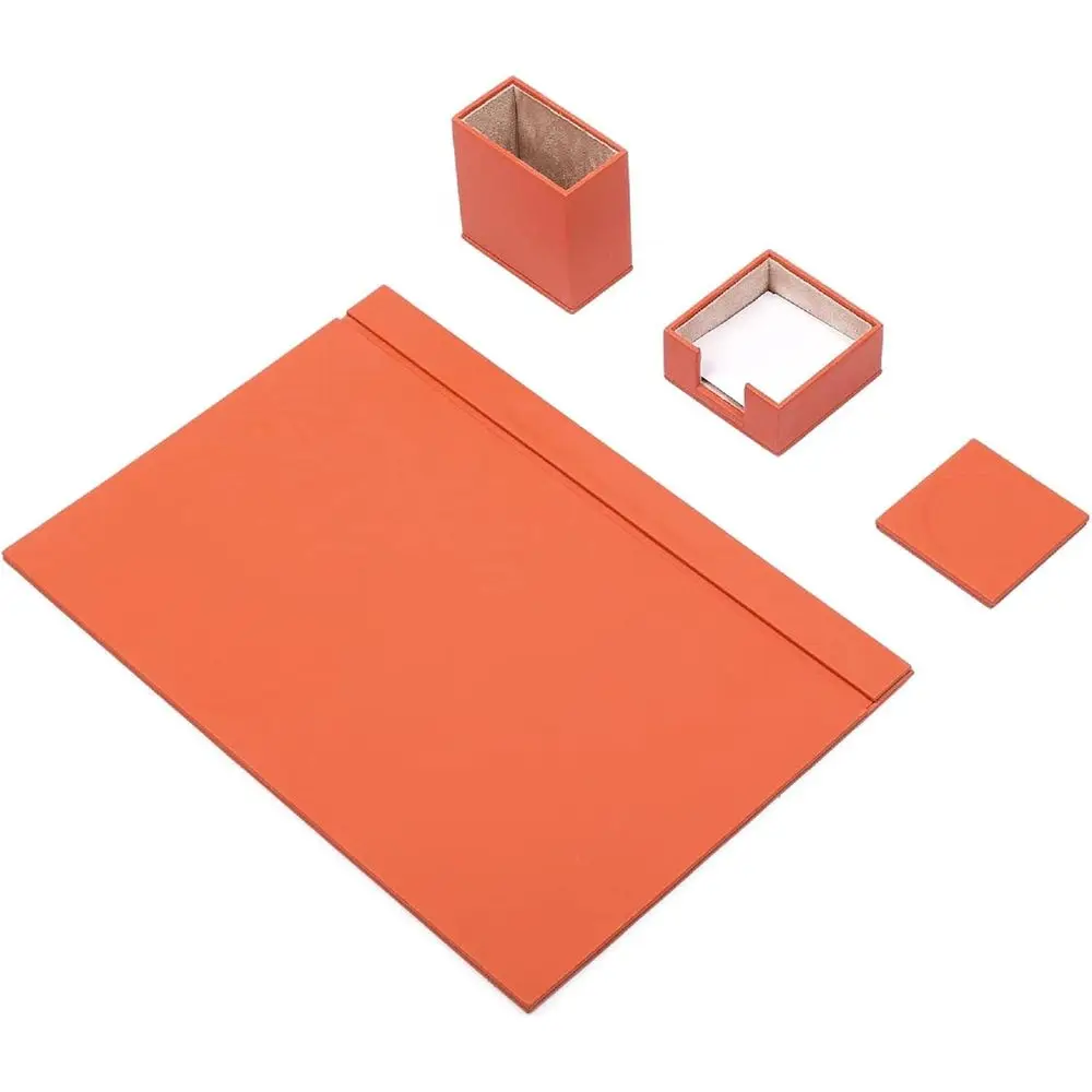 

Leather Desk Set - Desk Pad, Note Paper Holder, Leather Eraser - Office Desk Accessories, Orange (4PCS)