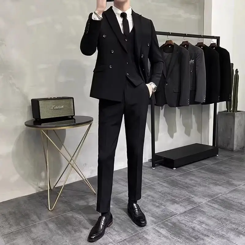 

2 Piece Outfit Set Male Wedding Groom Double Breasted Full Men's Suits and Blazers Black Spring Autumn Gentleman Jackets Fashion