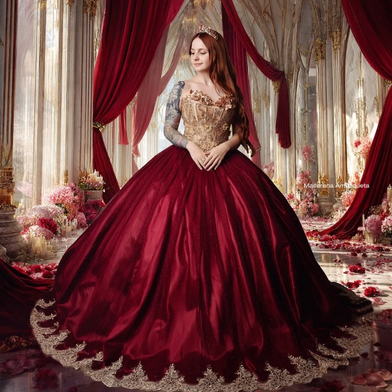 

Red Quinceanera Dresses Off the Shoulder Crystal Sequins Decal 3D Flower Long tail Vestido De 15 Quinceanera Customize