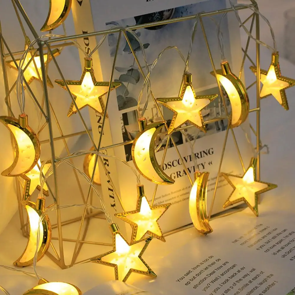 1 conjunto de corda de luzes banhadas a ouro dourado para eid al adha decoração de férias led luz de corda bateria estrela lua lâmpada mágica