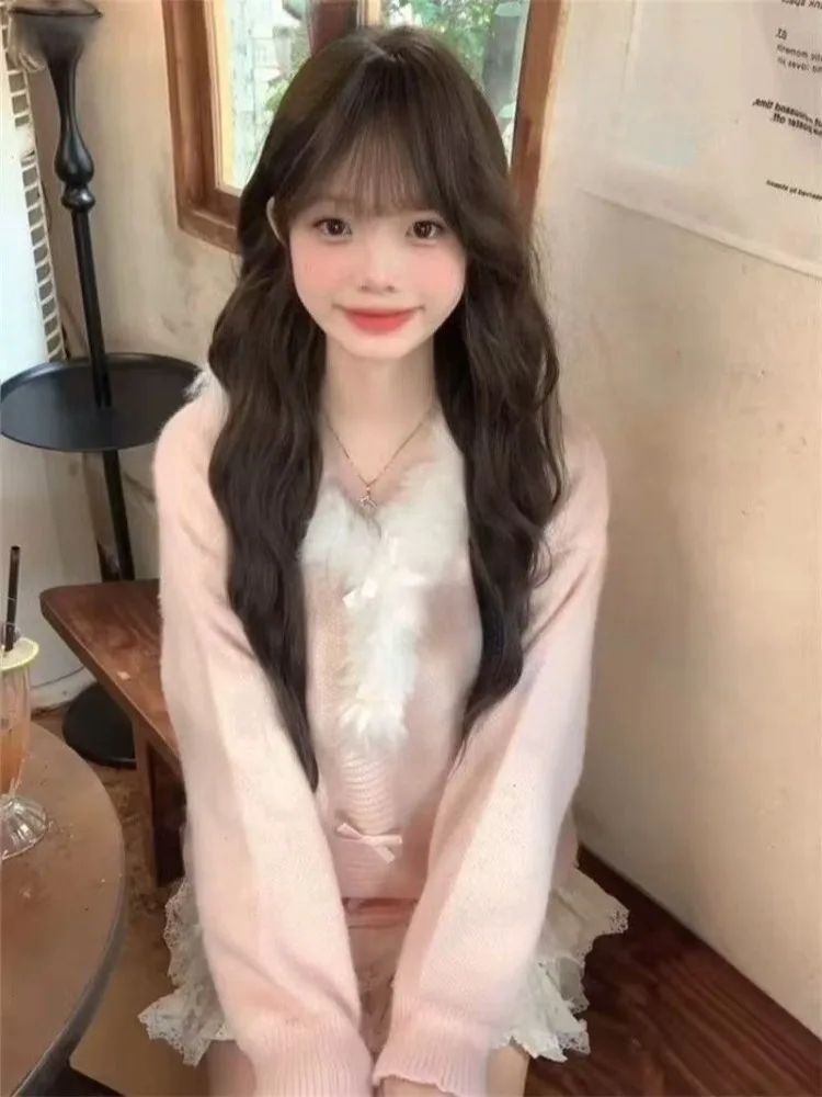 Japanse Zoete Sfeer Jas Vrouwen Zachte Zachte Esthetische Teddy Kraag Gebreid Nep Vest Chic Casual Bovenkleding Herfst 2025 Nieuwe