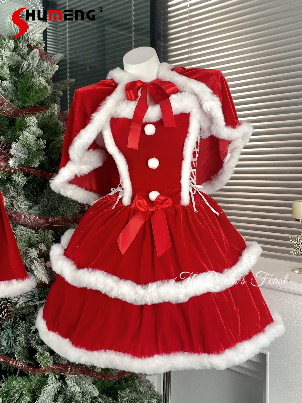 

Christmas Red Velvet Lolita Dresses Cape Sets Plush Patchwork Bow Lace-up Slim Fit Strapless Cake Short Dress for Women Winter
