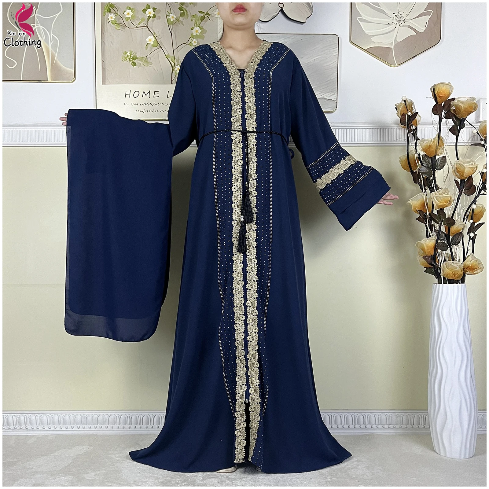 

New Style Dubai Women Elegant Dress Embroidery Chiffon Open Abaya with Zipper Islamic Lady Long Dress Abaya Women Muslim Dress