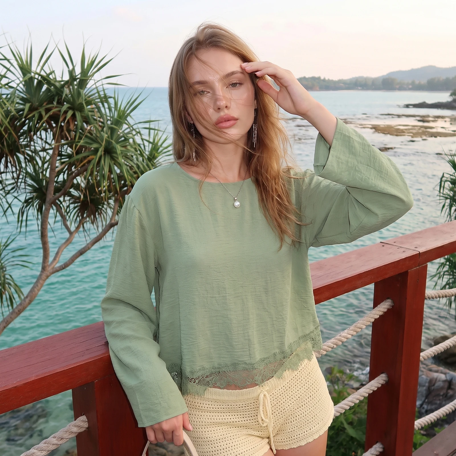 2027 Early Autumn Women's Round-Neck Long-Sleeve Cropped Tops Featuring Lace-Panel Hem Solid Casual  Cut-Out Back Loose T-Shirt