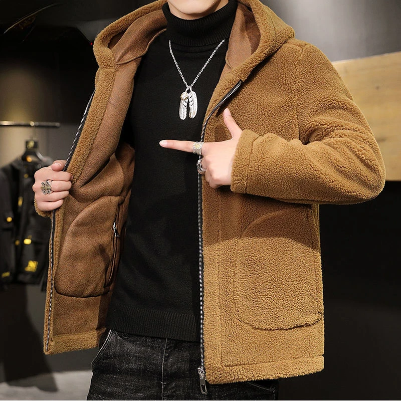 

Winter Men's Jacket 2023 New Hooded Zipper Collar Poly Leather Jacket Fashion Faux Fur Collar Windproof Coats Warm Bomber M48