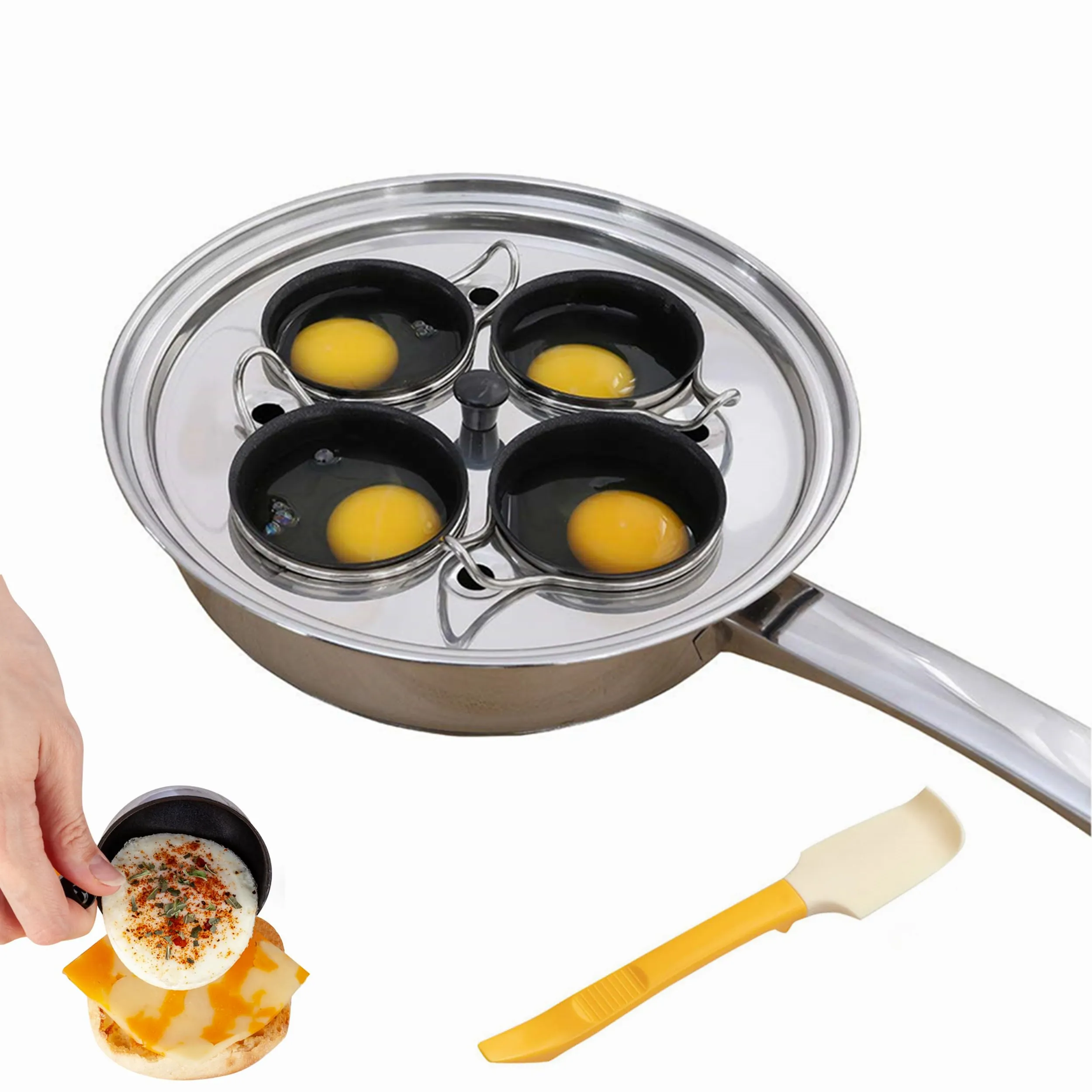 

Яйцо-браконьер для яиц-пашот, сковорода для яиц-браконьеров из нержавеющей стали с 4 или 6 антипригарными силиконовыми чашками-браконьерами и силиконовой лопаткой