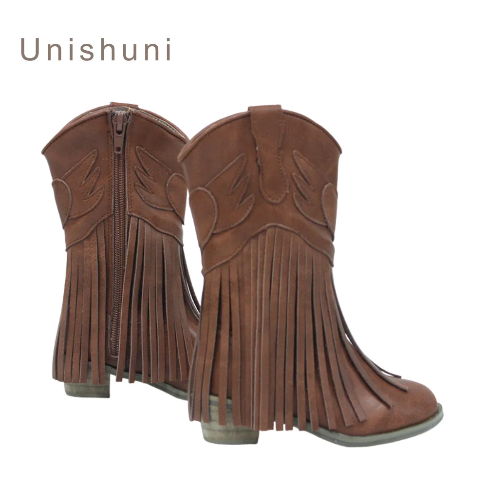 Unishuni-Botas occidentales con borlas para niña, Botines de tacón alto hasta la rodilla, color marrón, rosa y blanco, con cremallera