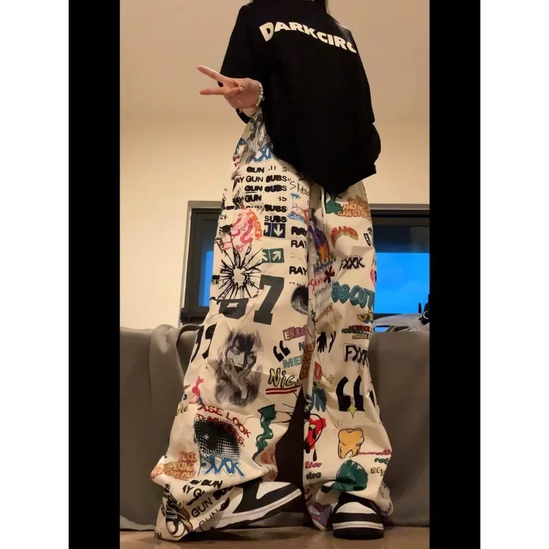 Graffiti Print Women Pants Chic New Harajuku Drawstring Wide Leg Trousers Loose Pantalones Sweatpants Streetwear Korean Y2k