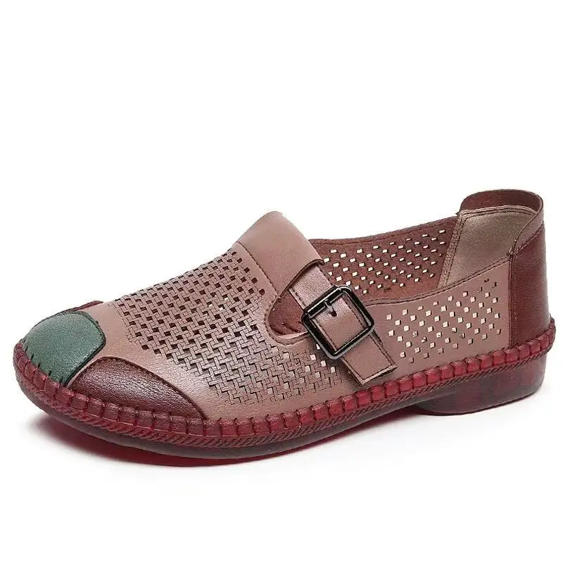 

Women Leather Hollow Out Flat sole Shoes Summer New Round Toe Slip On oft Sole Non Slip Casual Shoes Lightweight Elderly Sandal