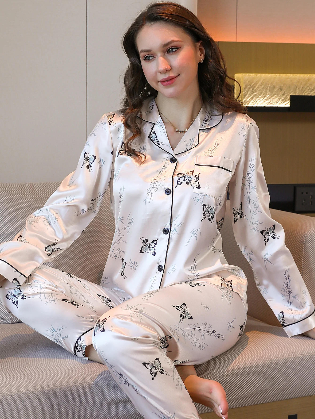 

Комплекты из двух предметов, женская одежда для сна, осенне-зимние штаны с длинным рукавом и принтом бабочки, домашняя одежда с принтом, комплект одежды для сна