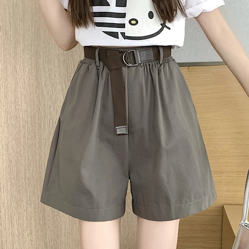 QOERLIN Retro Cargo Shorts Women Y2K Preppy Pocket Summer New Elastic Waist Wide Leg Loose Casual Streetwear Shorts with Belt