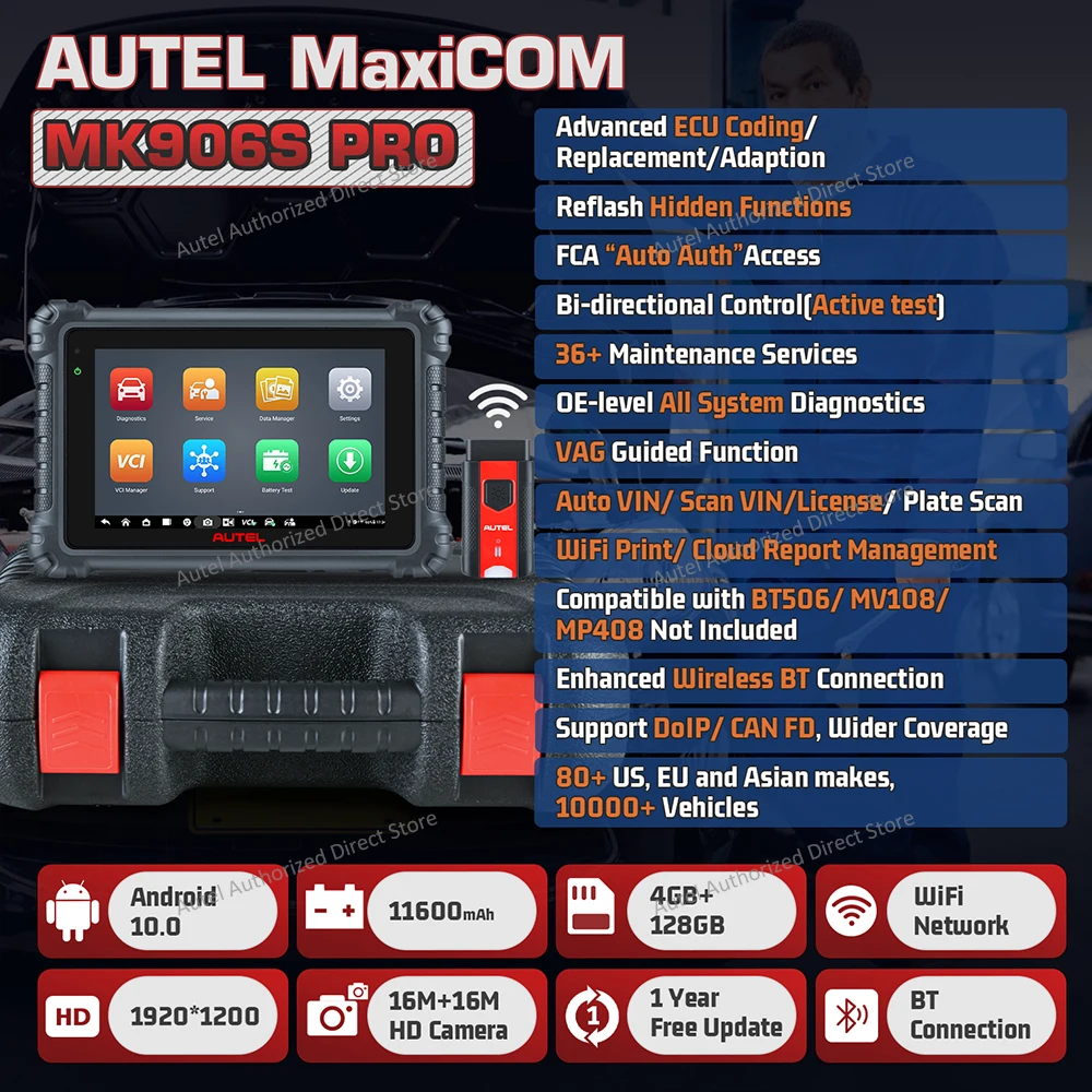 Autel MaxiCOM MK906S PRO OBD2-Diagnosescanner, fortschrittliches ECU-Codierungs-Diagnosetool, bidirektionaler Scanner, unterstützt CAN FD/DoIP