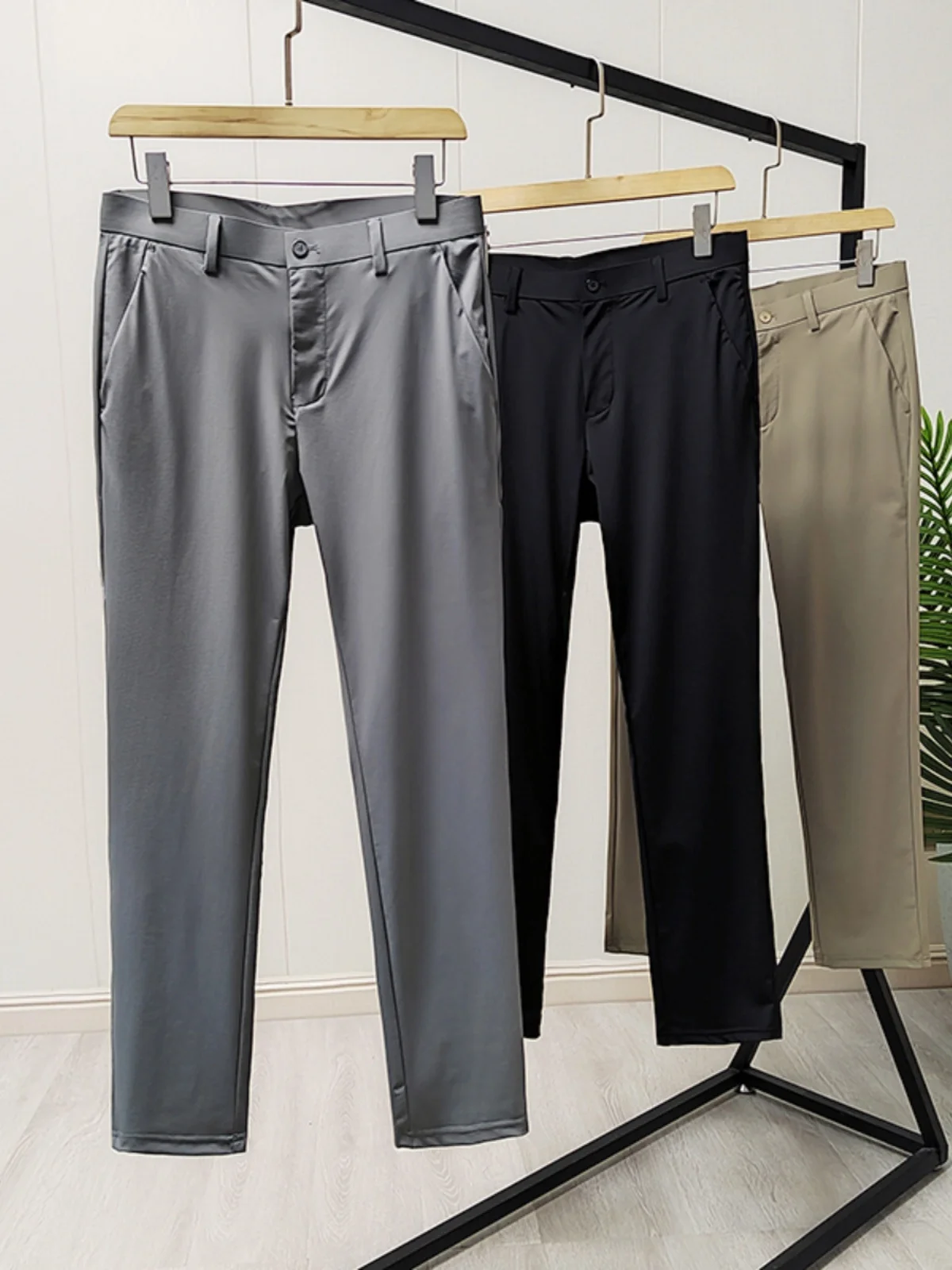 Comfortable Stretchable Ice Silk Business Casual Men's Straight Leg Pants mid Waist Straight Cut Pants Spring Summer Wear
