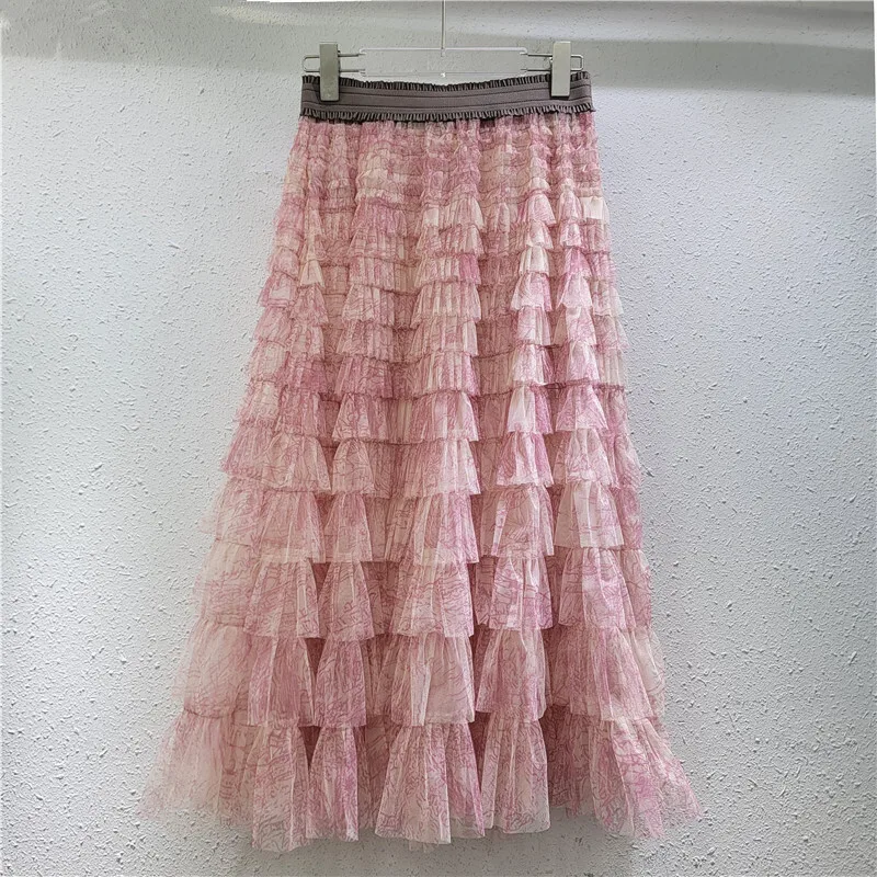 DEAT Women's Mesh Skirt Pink Printed Patchwork Multi-layer Thin Perspective A-line Elastic Waist Skirts Spring 2025 New Fashion