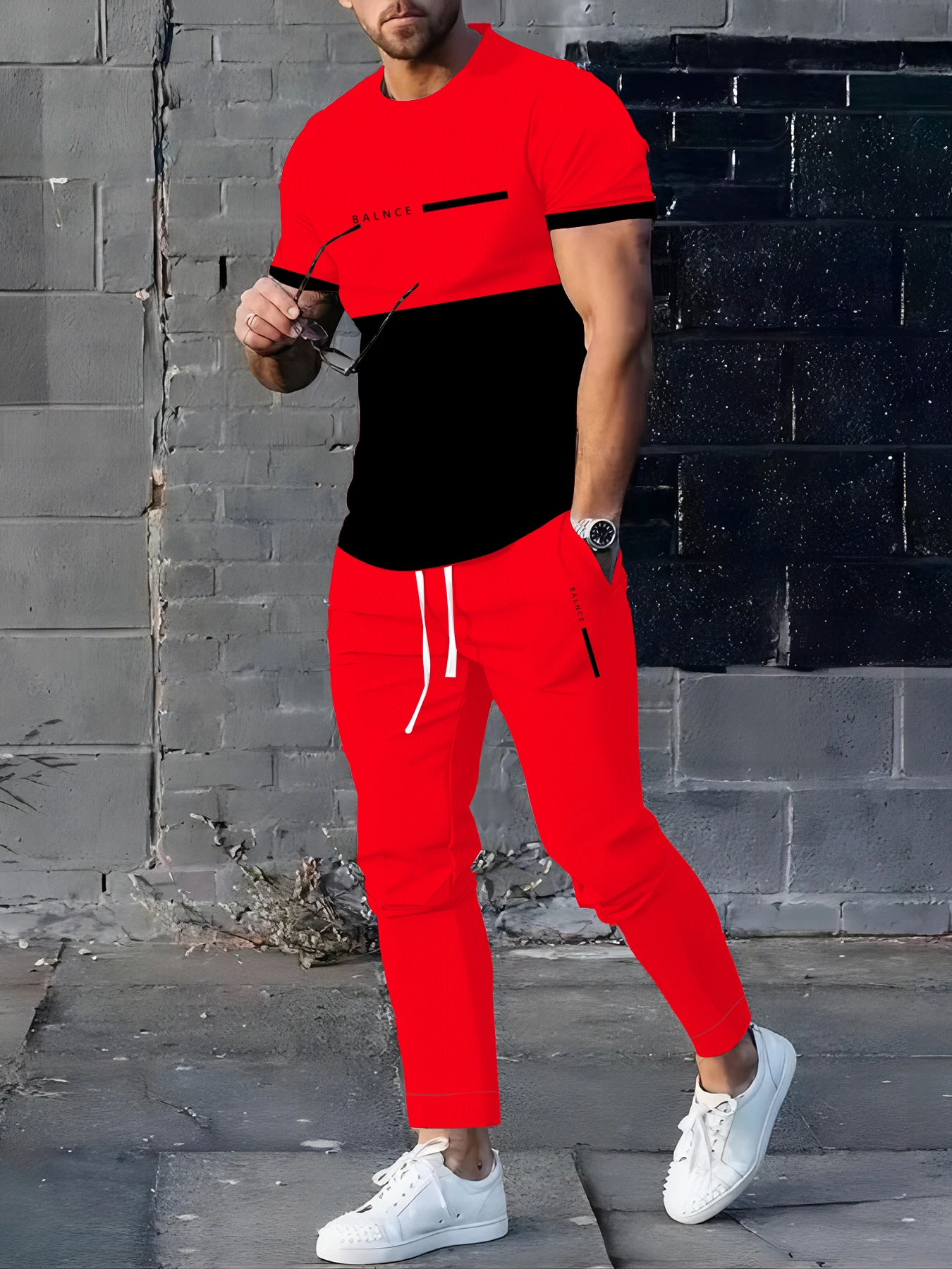 

Hot men's set for Summer 2025 Letter print outdoor Casual red and black patchwork men's wear