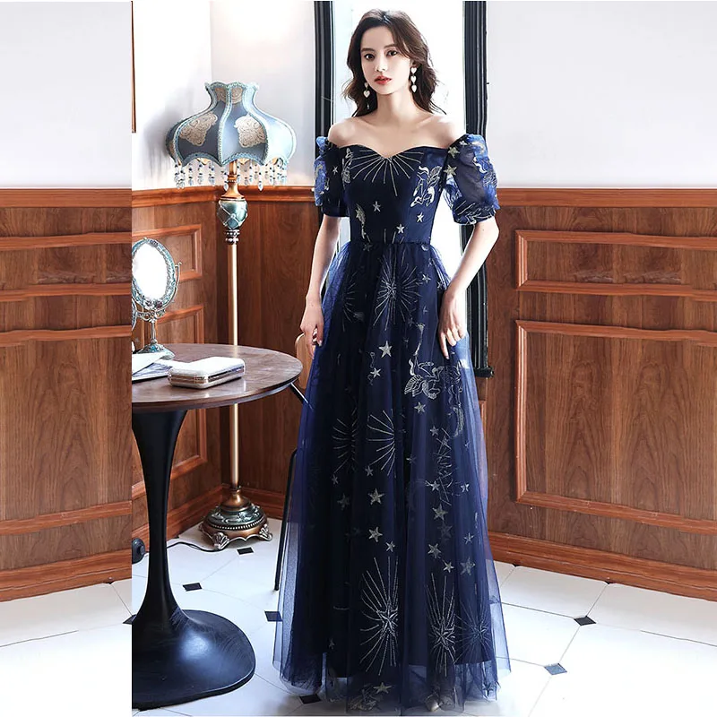 

Navy Blue Evening Dress Boat Neck Embroidery A-Line Fashion Short Sleeves Floor-Length Lace Up Woman Formal Party Gowns A2010