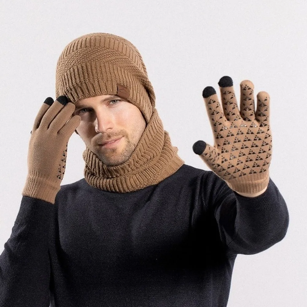 3pcs Solid Color Hat Scarf Gloves Set Wool Thicken Thermal Knit Cap Fleece Lined Neck Protector Winter Beanie Hat Women/men