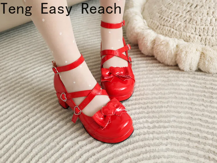 2024 donne tacchi alti cinturino incrociato Mary Jane Pumps Party Wedding bianco rosa nero Ruffles Bow Princess Cosplay Lolita Shoes34-48