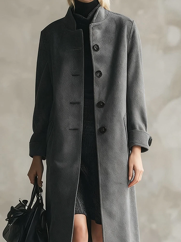 

Осеннее модное флисовое пальто с воротником-стойкой, женская повседневная шерстяная куртка с длинными рукавами, зимнее элегантное однотонное прямое пальто на пуговицах