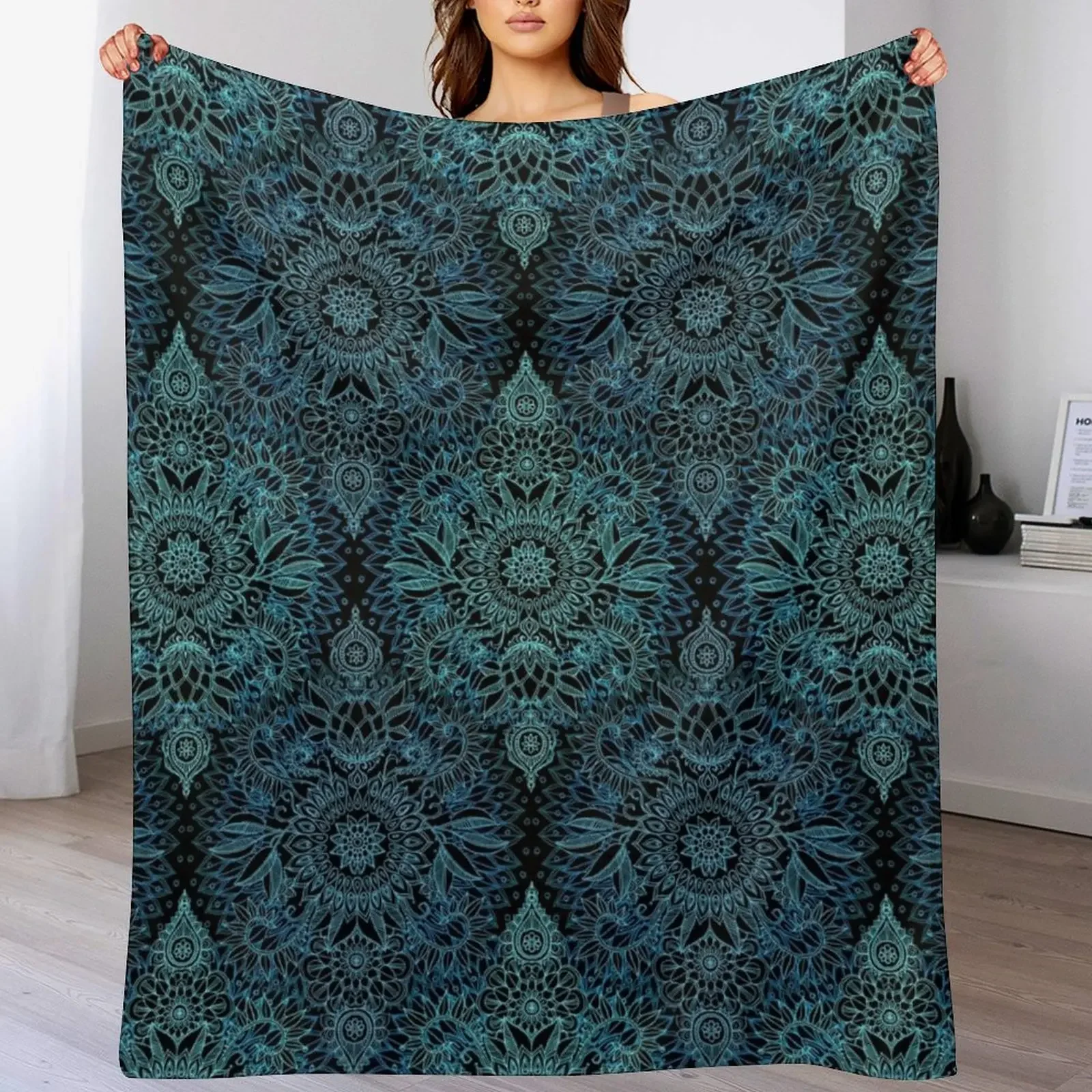 Black, Teal & Aqua Protea Doodle Pattern Throw Blanket Furrys Sofas valentine gift ideas Blankets