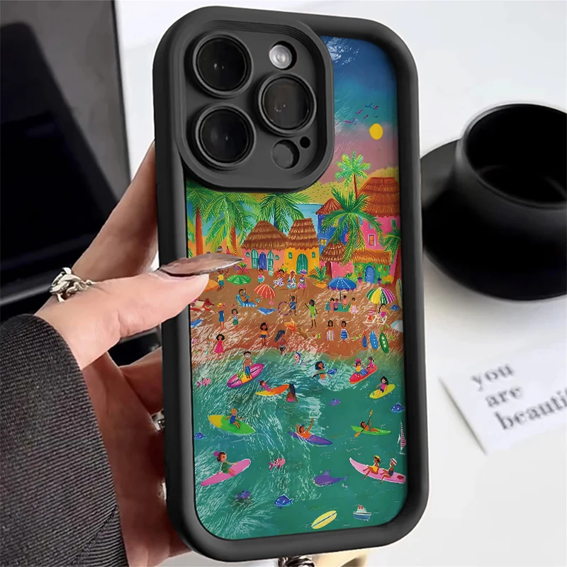 Luxury INS Vacation Beach Venice Phone Case For iPhone 15 16 Pro Max 11 12 13 14 16 Pro Mini XS XR 7 8 Plus Anti-drop Cover Y2k