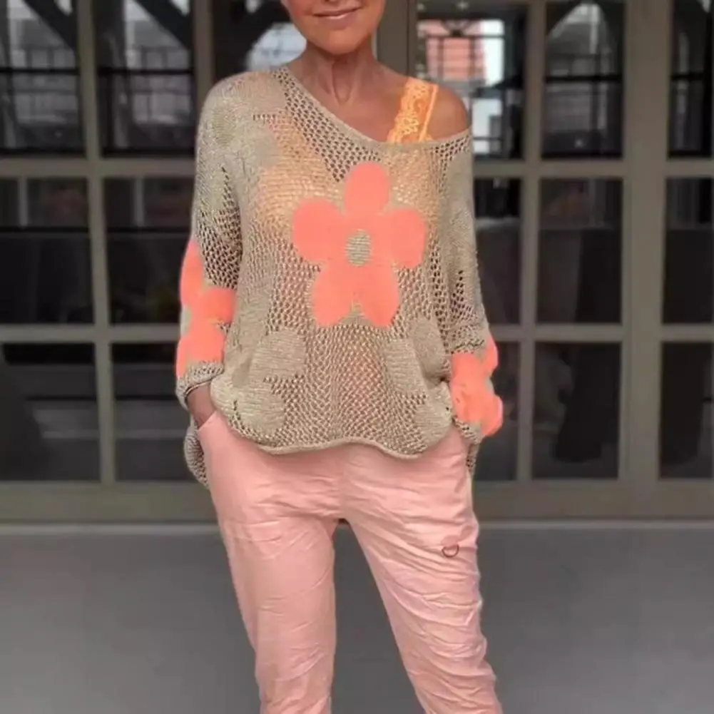 طباعة تصميم جوفاء الشاطئ التستر الأعلى الربيع النساء تريكو الخامس الرقبة طويلة الأكمام البلوز الحياكة القمم خفيفة الوزن متماسكة زهرة