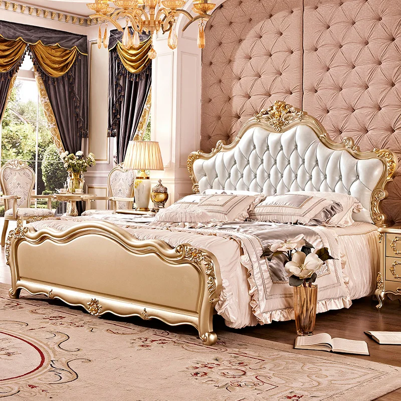 wood bed European double 1.8m genuine leather wedding bed Luxury French carved king bed Master bedroom Champagne gold furniture