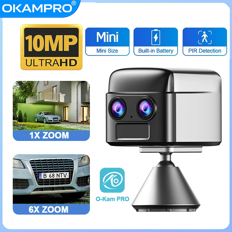 Câmera de Segurança OKAM PRO WIFI MINI com Lente Dupla HD 10MP, Zoom 6X, 4G SIM, Comunicação Bidirecional, Visão Noturna, Detecção de Movimento PIR e à Prova d'Água