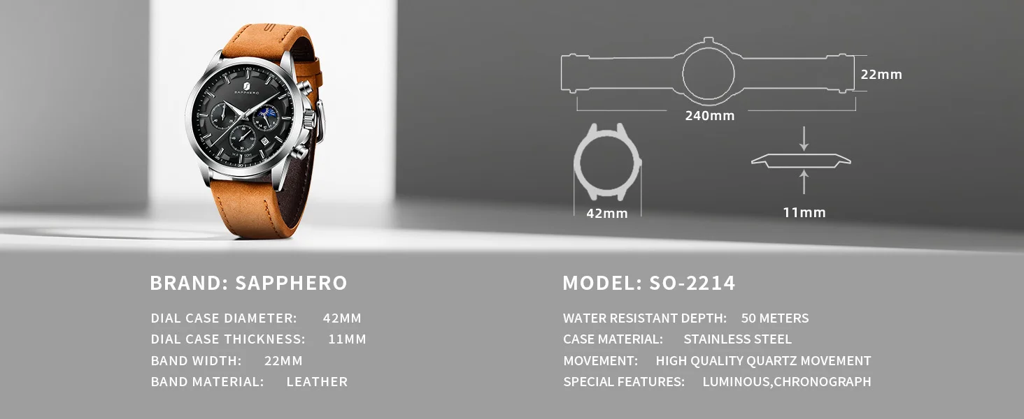 SAPPHERO Herren Chronograph Quarzuhr, 5ATM Wasserdicht, Hardlex Kristall, Lederarmband, Modische Sportuhr, Perfektes Geschenk für Männer – Detail 5