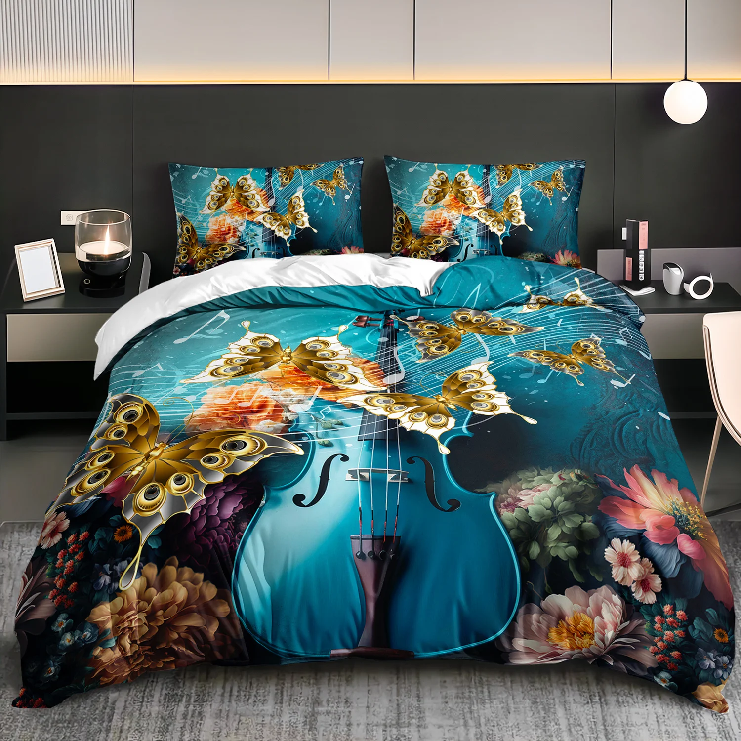 

3pcs Teal Musical Butterfly Bedding Duvet Cover Set Elegant Violin Bedding Quilt Set Floral Themed Bed Quilt Set Romantic