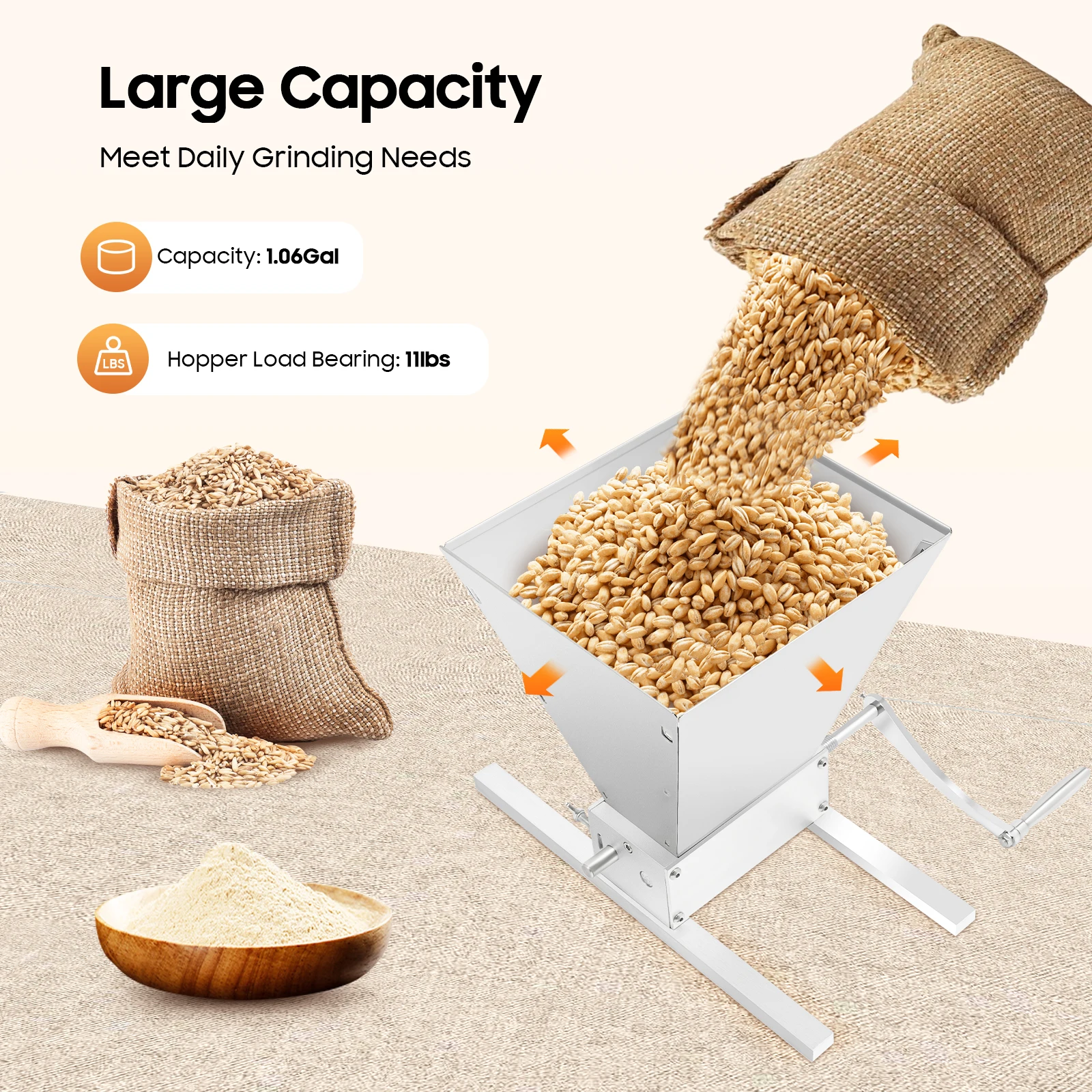 

4L Manual Grain Mill, Adjustable Roller Gap with 2 Aluminum Rods, Grain Crusher for Barley Wheat and Grains - 2 Grinding Methods