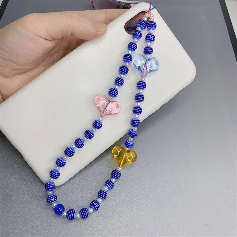 Mobile Phone Lanyard Chain Anti-lost Fashion Color Acrylic Rainbow Beads Wrist Chain DIY Resin Love Heart  Bracelet  for Women