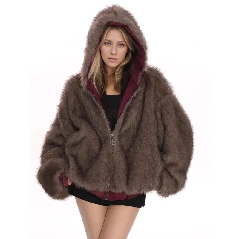 

2025 рукав на молнии с карманом, свободная короткая куртка, женские зимние дорожные пальто, двустороннее пальто с капюшоном на подкладке из искусственного меха, женское повседневное плюшевое пальто