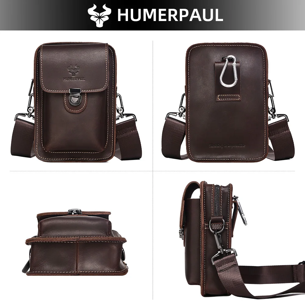 HUMERPAUL Genuine Leather Waist Belt Bag Small Fashion Cell Phone Pouch Multi-Functional Messenger Bag for Outdoor Travel