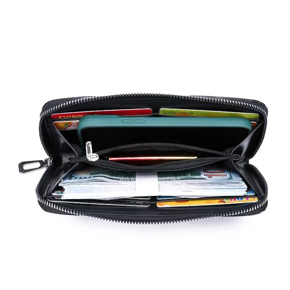 Nova carteira de couro pu de grande capacidade com zíper porta cartão cor sólida bolsa de telefone masculina