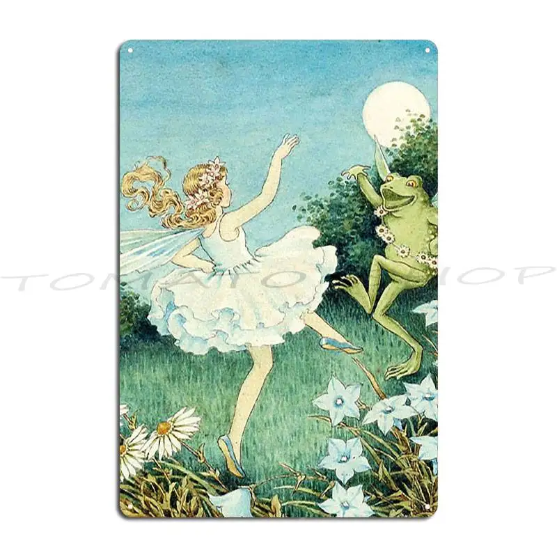 Frogs Dancing Frog Ida Rentoul Outhwaite Vintage Fairy Dancing in Daisies With a Frog illustration Metal Plaque Poster